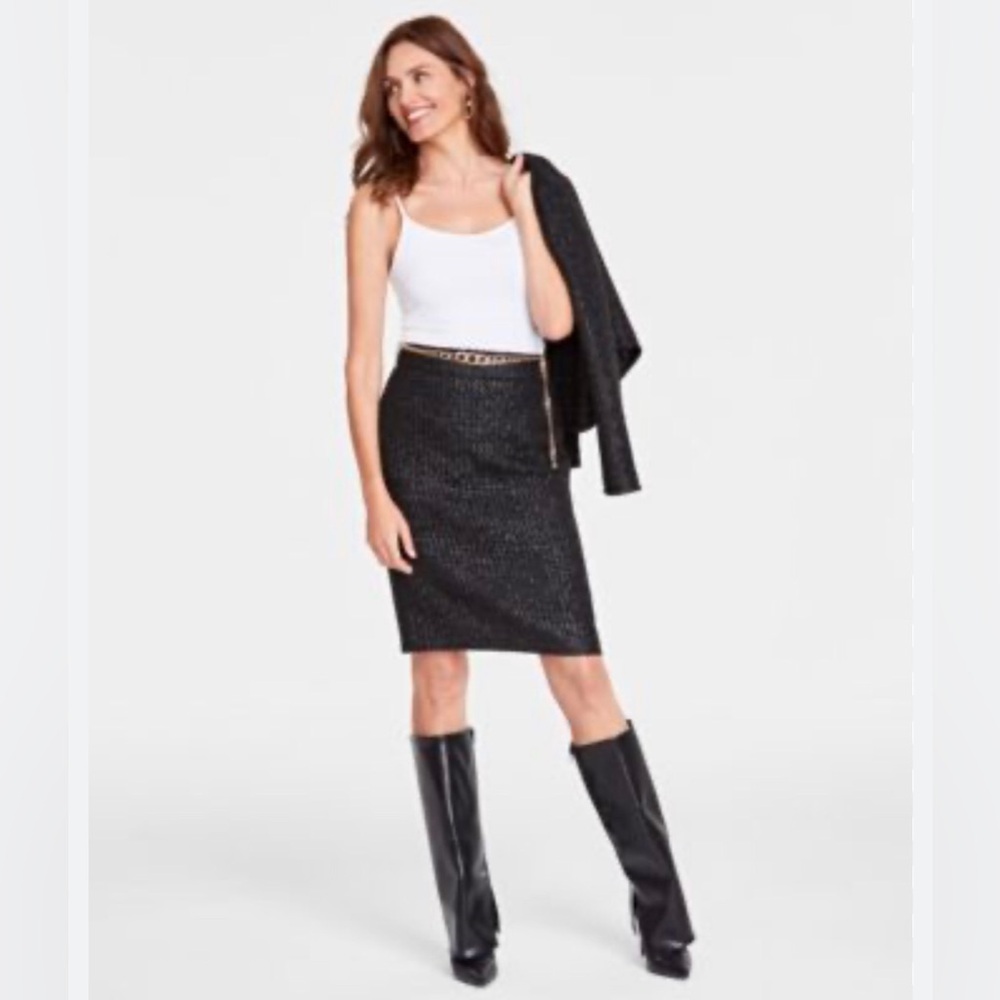 NWT Banana Republic Coated Tweed Black Pencil Mini Skirt Size 12